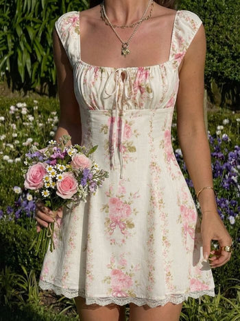 Square Neck Floral Knotted Mini Dress