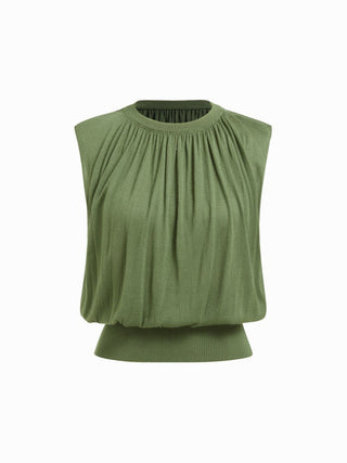 Knit Fabric Knit High Stretch Round Neckline Drawstring Top For Daily Casual Date