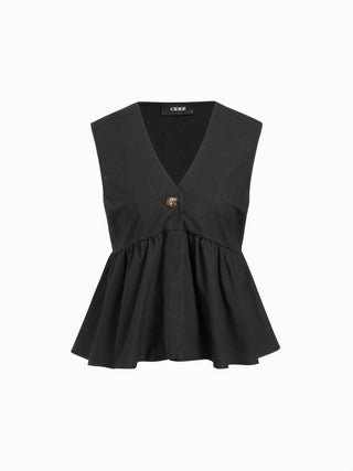Linen-blend V-neck Ruched Peplum Top & Mid Rise Wide Leg Trousers Set