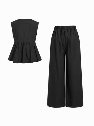 Linen-blend V-neck Ruched Peplum Top & Mid Rise Wide Leg Trousers Set
