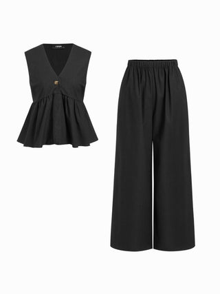 Linen-blend V-neck Ruched Peplum Top & Mid Rise Wide Leg Trousers Set