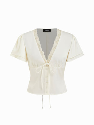 Woven Lace Trim V-Neck Drawstring Short Sleeve Blouse For Daily Casual