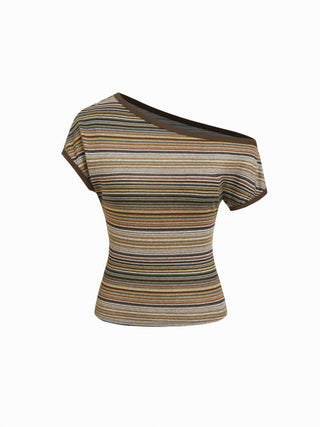 Striped Asymmetrical Neck Short Sleeve Top