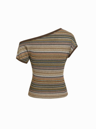Striped Asymmetrical Neck Short Sleeve Top