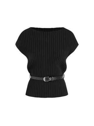 Knit Boat Neck Top With Belt