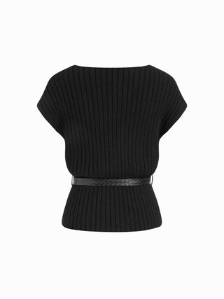 Knit Boat Neck Top With Belt