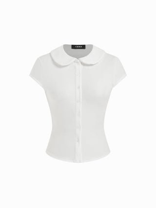 Cotton-blend Collar Lace Trim Button Front Tee