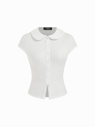 Cotton-blend Collar Lace Trim Button Front Tee