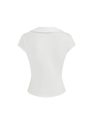 Cotton-blend Collar Lace Trim Button Front Tee