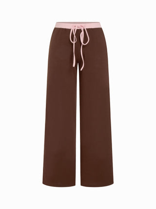 Cotton-blend V-neck Two Tone Top & Mid Rise Drawstring Straight Leg Trousers Set