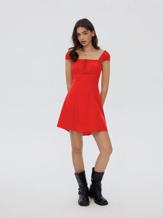 Woven Square Neck Ruffled Cap Sleeve A-line Mini Dress For Date Party/Clubbing