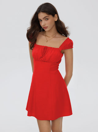 Woven Square Neck Ruffled Cap Sleeve A-line Mini Dress For Date Party/Clubbing