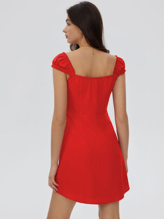 Woven Square Neck Ruffled Cap Sleeve A-line Mini Dress For Date Party/Clubbing