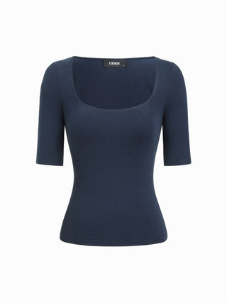 Cotton-blend Scoop Neckline Mid-length Sleeve Tee