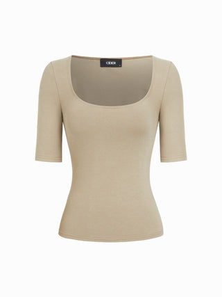 Cotton-blend Scoop Neckline Mid-length Sleeve Tee
