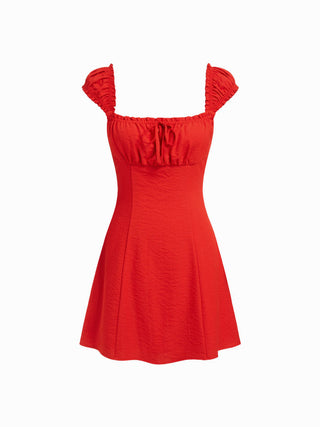 Woven Square Neck Ruffled Cap Sleeve A-line Mini Dress For Date Party/Clubbing