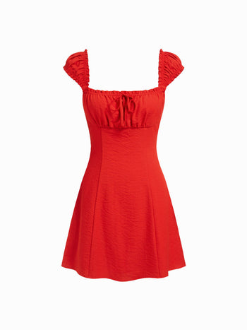 Woven Square Neck Ruffled Cap Sleeve A-line Mini Dress For Date Party/Clubbing