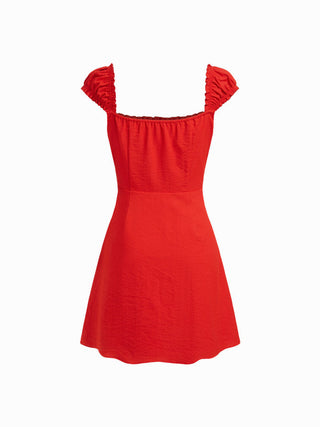 Woven Square Neck Ruffled Cap Sleeve A-line Mini Dress For Date Party/Clubbing