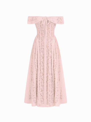 Lace Sculptural Off-Shoulder Knotted Flared Maxi Dress