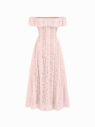 Lace Sculptural Off-Shoulder Knotted Flared Maxi Dress