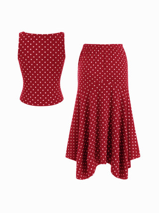 Boat Neck Polka Dot Top & Ruffle Hem Mid Rise Skirt Set
