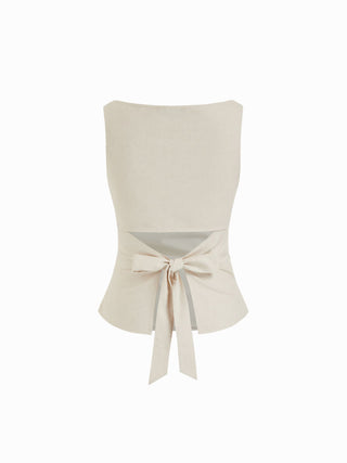Linen-blend Boat Neckline Solid Bowknot Tank Top