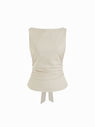 Linen-blend Boat Neckline Solid Bowknot Tank Top