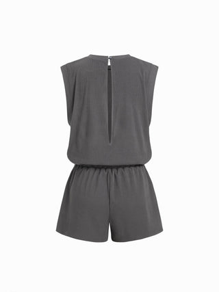 Ribbed Round Neck Drawstring Mid Rise Romper