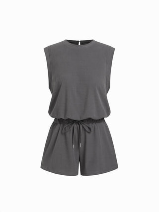Ribbed Round Neck Drawstring Mid Rise Romper