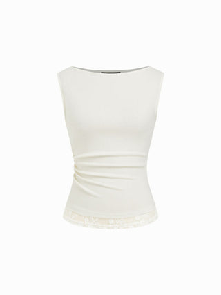 High Stretch Boat Neck Lace Panel Crop Top