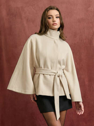 Wool-look Stand Collar Cloak Sleeve Oversized Jacket With Belt