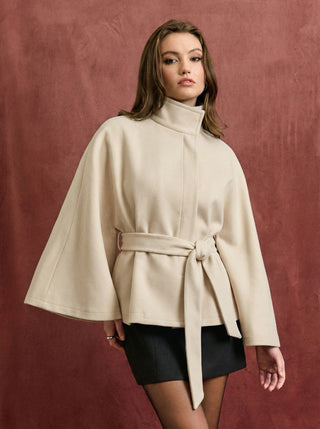 Wool-look Stand Collar Cloak Sleeve Oversized Jacket With Belt