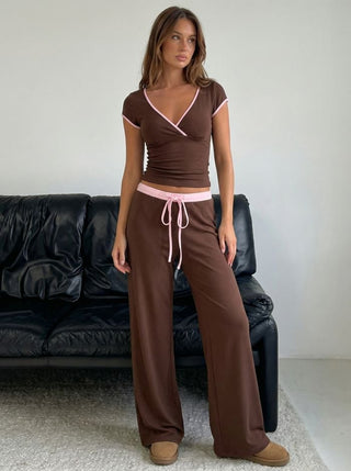 Cotton-blend V-neck Two Tone Top & Mid Rise Drawstring Straight Leg Trousers Set