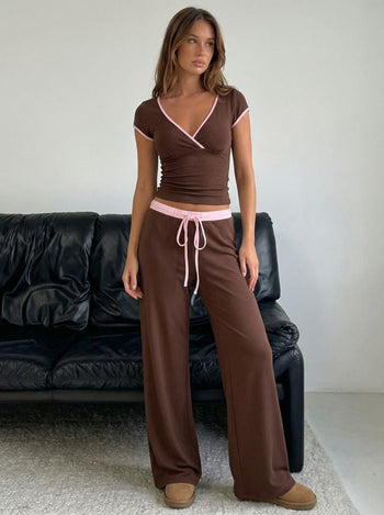 Cotton-blend V-neck Two Tone Top & Mid Rise Drawstring Straight Leg Trousers Set