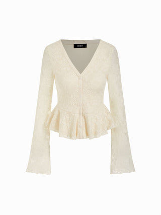 Lace V-Neck Bell Sleeve Ruffle Hem Blouse