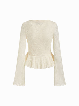 Lace V-Neck Bell Sleeve Ruffle Hem Blouse