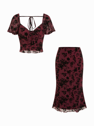 Mesh Sweetheart Floral Lace Ruffled Top & Lettuce Trim Mermaid Maxi Skirt Set