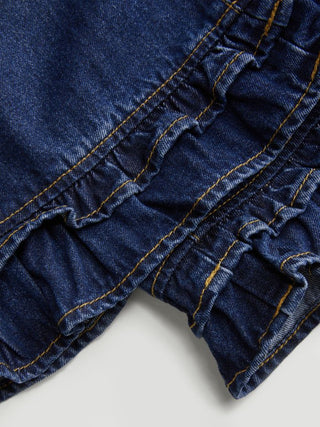 Washed Denim Low Rise Elastic Waist Wide Leg Cropped Bloomer Jeans