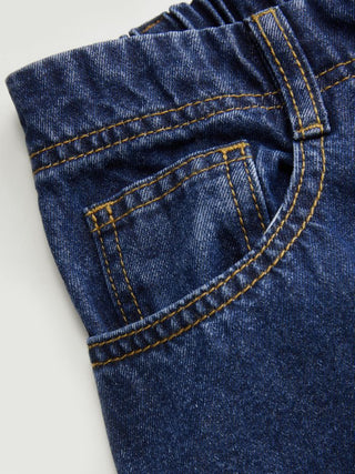 Washed Denim Low Rise Elastic Waist Wide Leg Cropped Bloomer Jeans