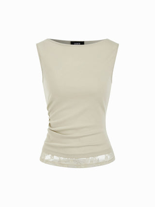 High Stretch Boat Neck Lace Panel Crop Top