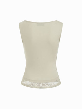 High Stretch Boat Neck Lace Panel Crop Top