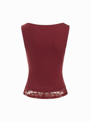 High Stretch Boat Neck Lace Panel Crop Top