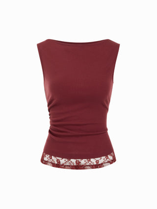 High Stretch Boat Neck Lace Panel Crop Top