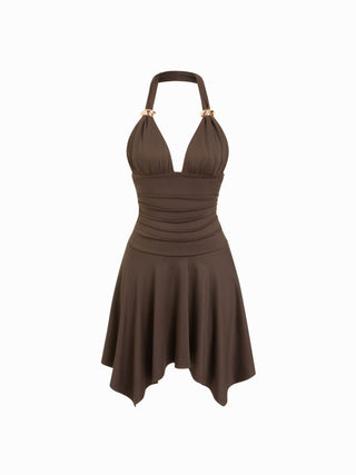 High Stretch Halter Neckline Asymmetrical Flared Mini Dress
