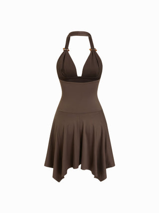 High Stretch Halter Neckline Asymmetrical Flared Mini Dress