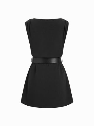 Boat Neck Ruched Belted A-line Mini Dress