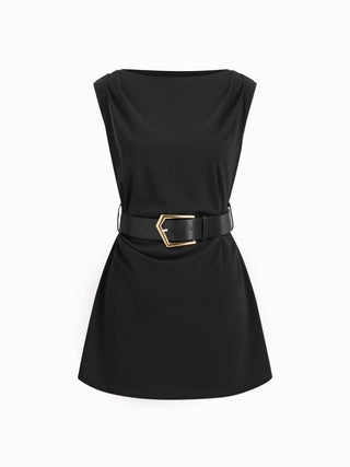 Boat Neck Ruched Belted A-line Mini Dress