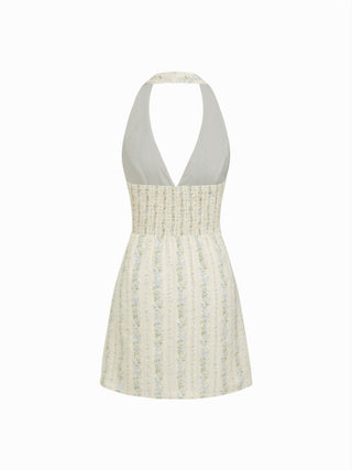 Cotton Floral Halter Neckline Bowknot A-line Mini Dress