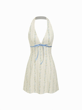 Cotton Floral Halter Neckline Bowknot A-line Mini Dress