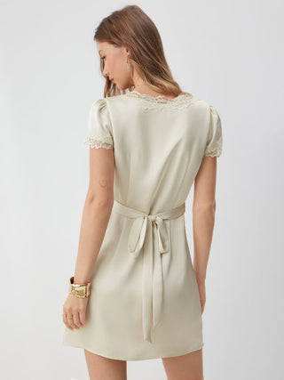 Square Neck Lace Panel Slip Knotted Mini Dress